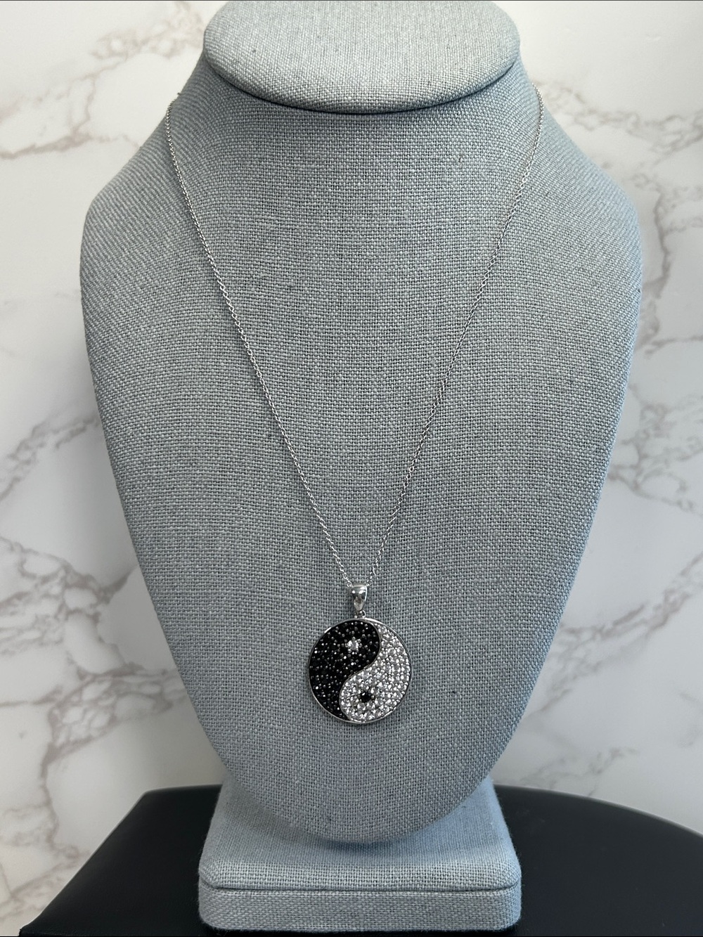 Sterling Silver Yin Yang Pendant Necklace with Black and White Crystals